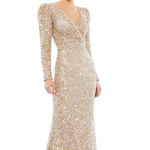 MAC DUGGAL 5510 PUFF SHOULDER SEQUIN SURPLICE SHIMMERING GOLD GOWN sz 16